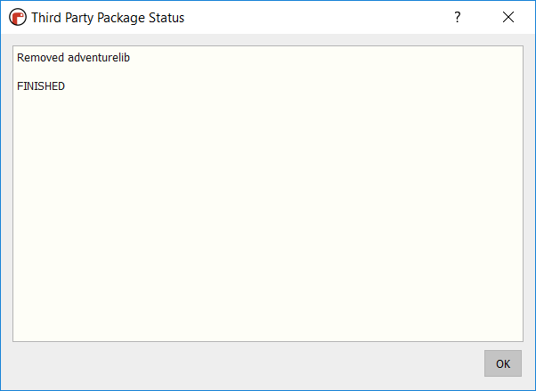 third party packages window with removed and FINISHED message